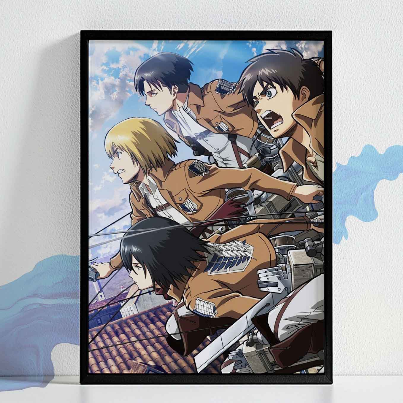 Attack on Titan Armin, Mikasa, Levi, Eren Poster Anime framed (13x19-Inch, Plexi-Glass, Textured Frame)