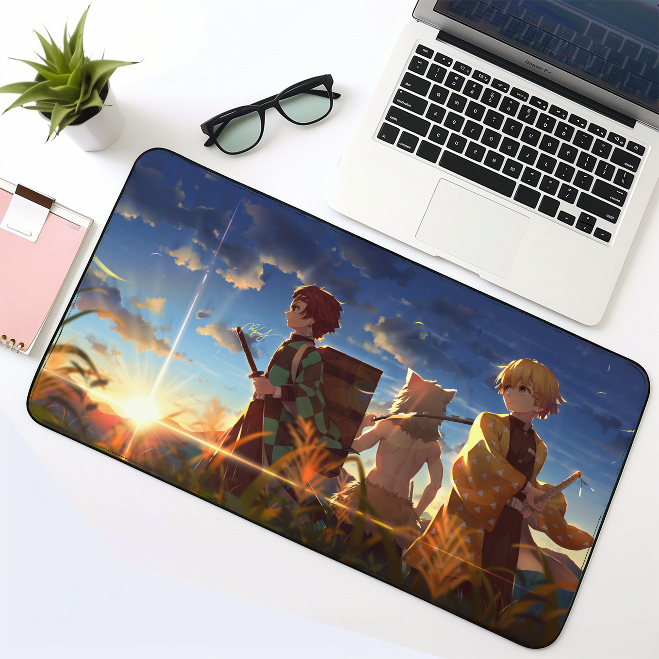 Demon Slayer Trio Mouse Pad - 23.6 x 11 Inches Desk Pad - Gaming and Workstation Mat for Tanjiro Zenitsu Inosuke Art Fans - Non-Slip Rubber Base - Smooth Surface for Precise Control