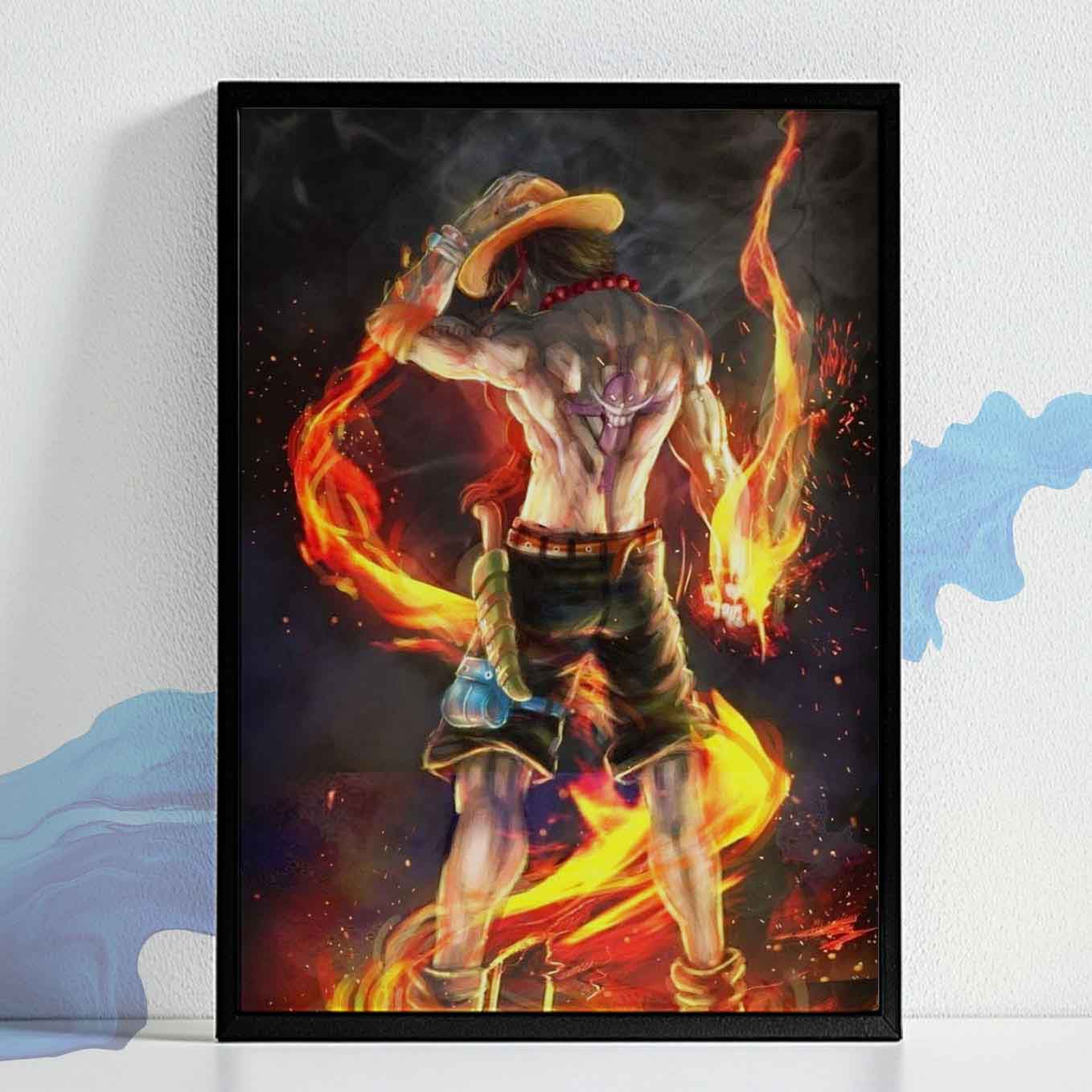 One Piece Portgas D. Ace fire Poster Art Framed (13x19-Inch, Plexi-Glass, Textured Frame)