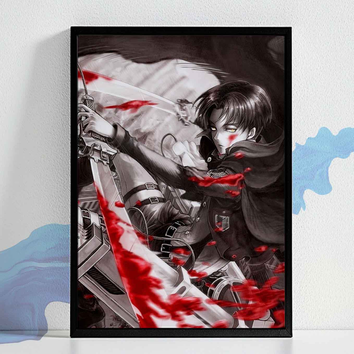 Attack on Titan Levi In Action Poster anime framed (13x19-Inch, Plexi-Glass, Textured Frame)