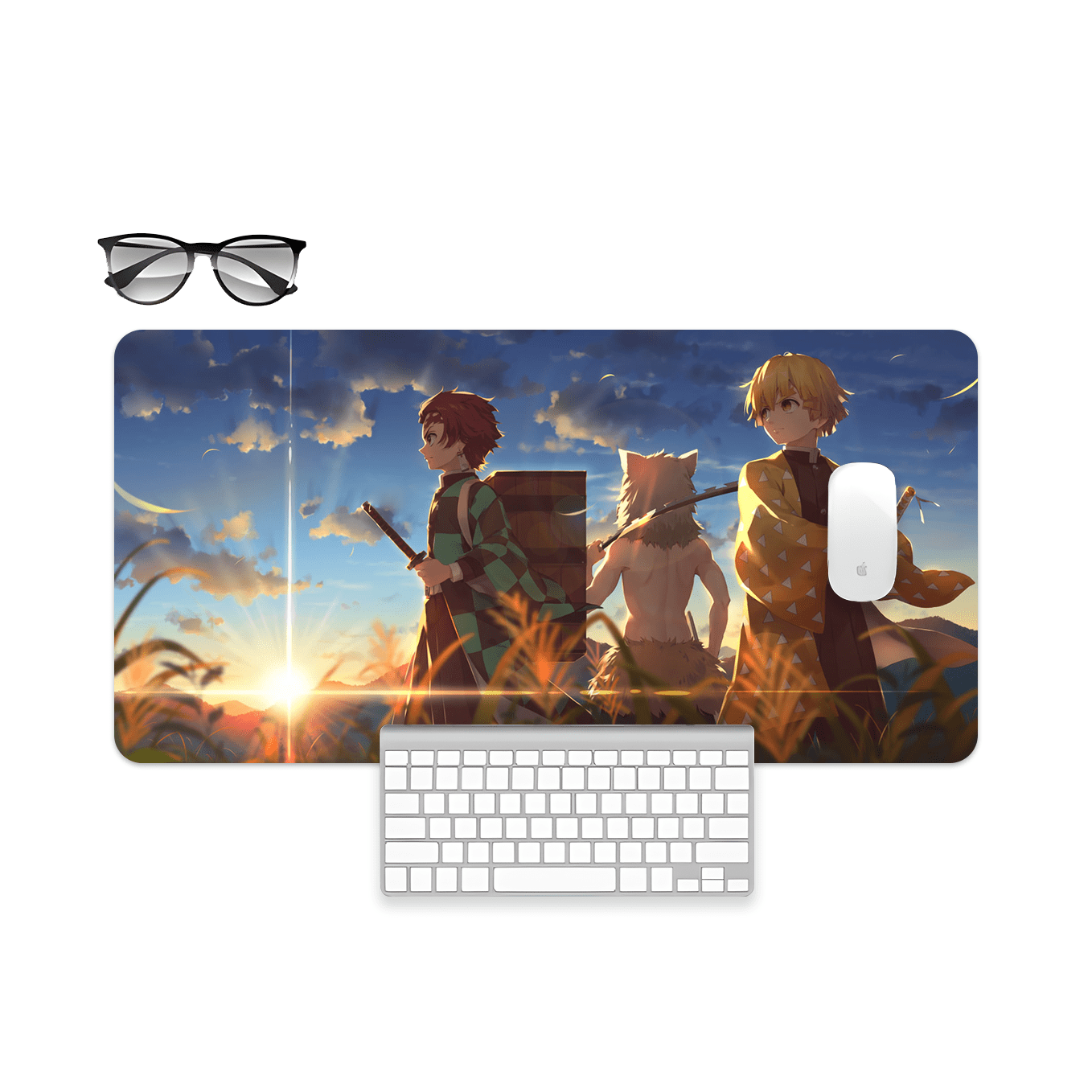 Demon Slayer Trio Mouse Pad - 23.6 x 11 Inches Desk Pad - Gaming and Workstation Mat for Tanjiro Zenitsu Inosuke Art Fans - Non-Slip Rubber Base - Smooth Surface for Precise Control