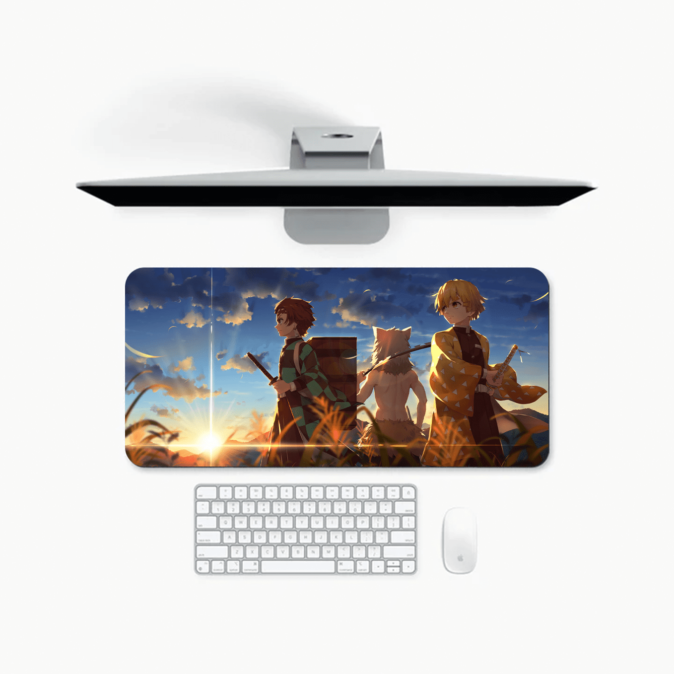 Demon Slayer Trio Mouse Pad - 23.6 x 11 Inches Desk Pad - Gaming and Workstation Mat for Tanjiro Zenitsu Inosuke Art Fans - Non-Slip Rubber Base - Smooth Surface for Precise Control