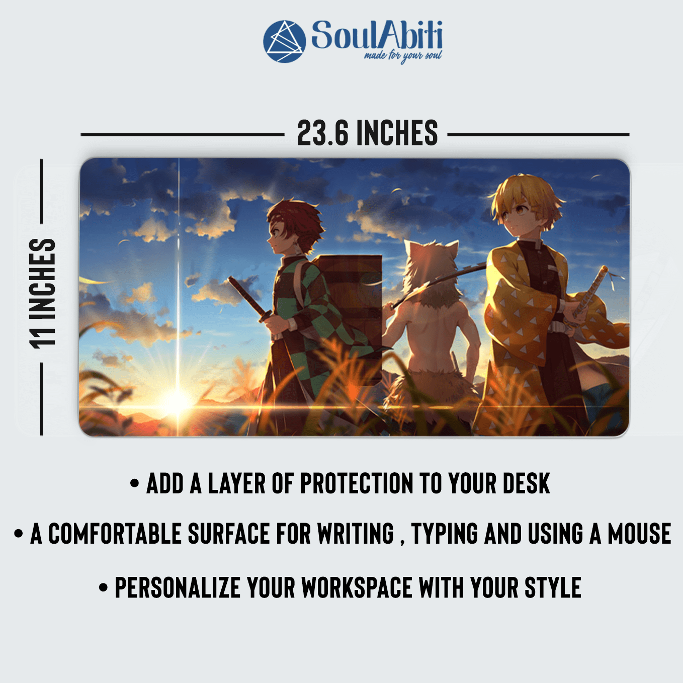 Demon Slayer Trio Mouse Pad - 23.6 x 11 Inches Desk Pad - Gaming and Workstation Mat for Tanjiro Zenitsu Inosuke Art Fans - Non-Slip Rubber Base - Smooth Surface for Precise Control