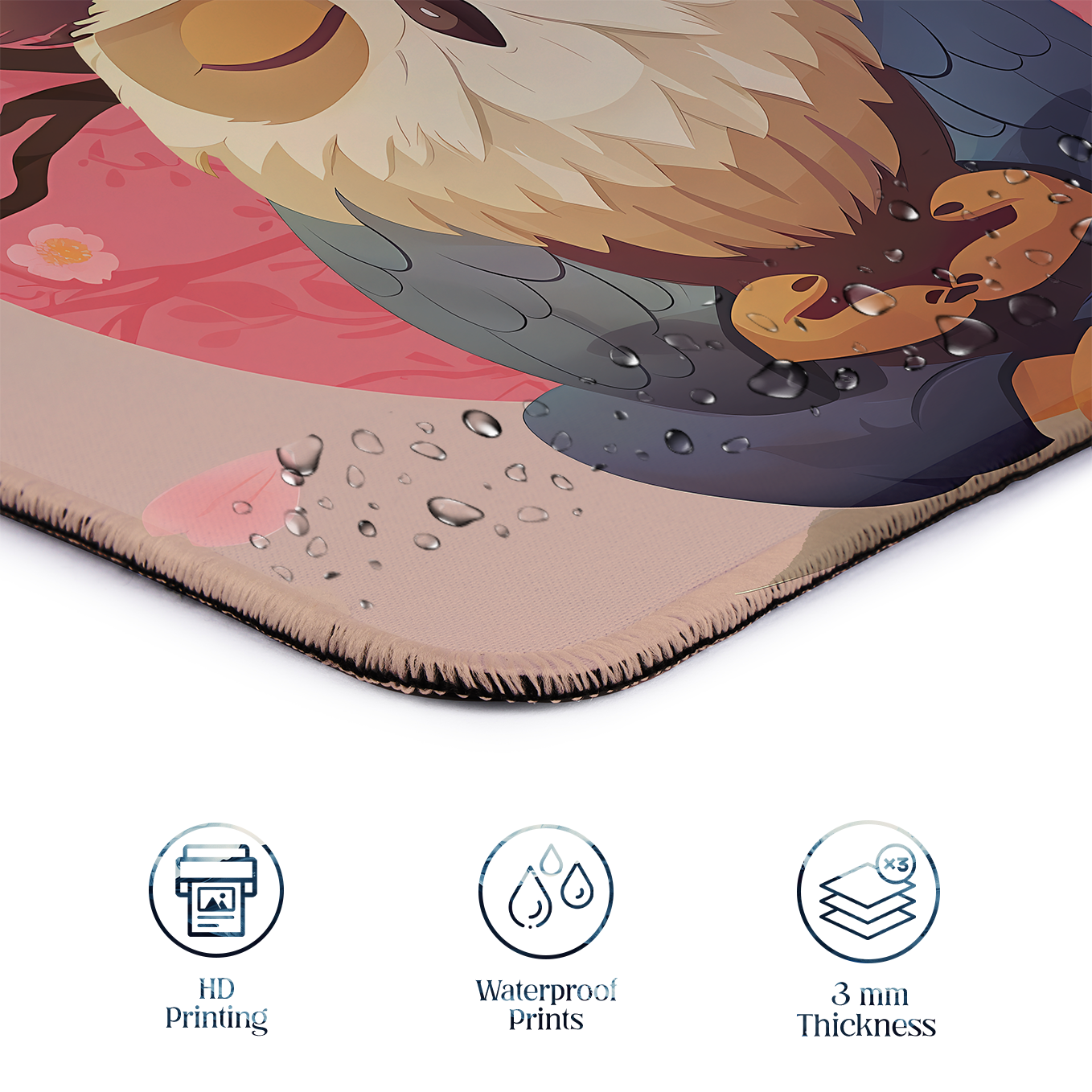 Cute Owls – Set of 2 Stitched Anime Theme Gaming Mouse Pads with Anti-Slip Rubber Base and Waterproof Surface
