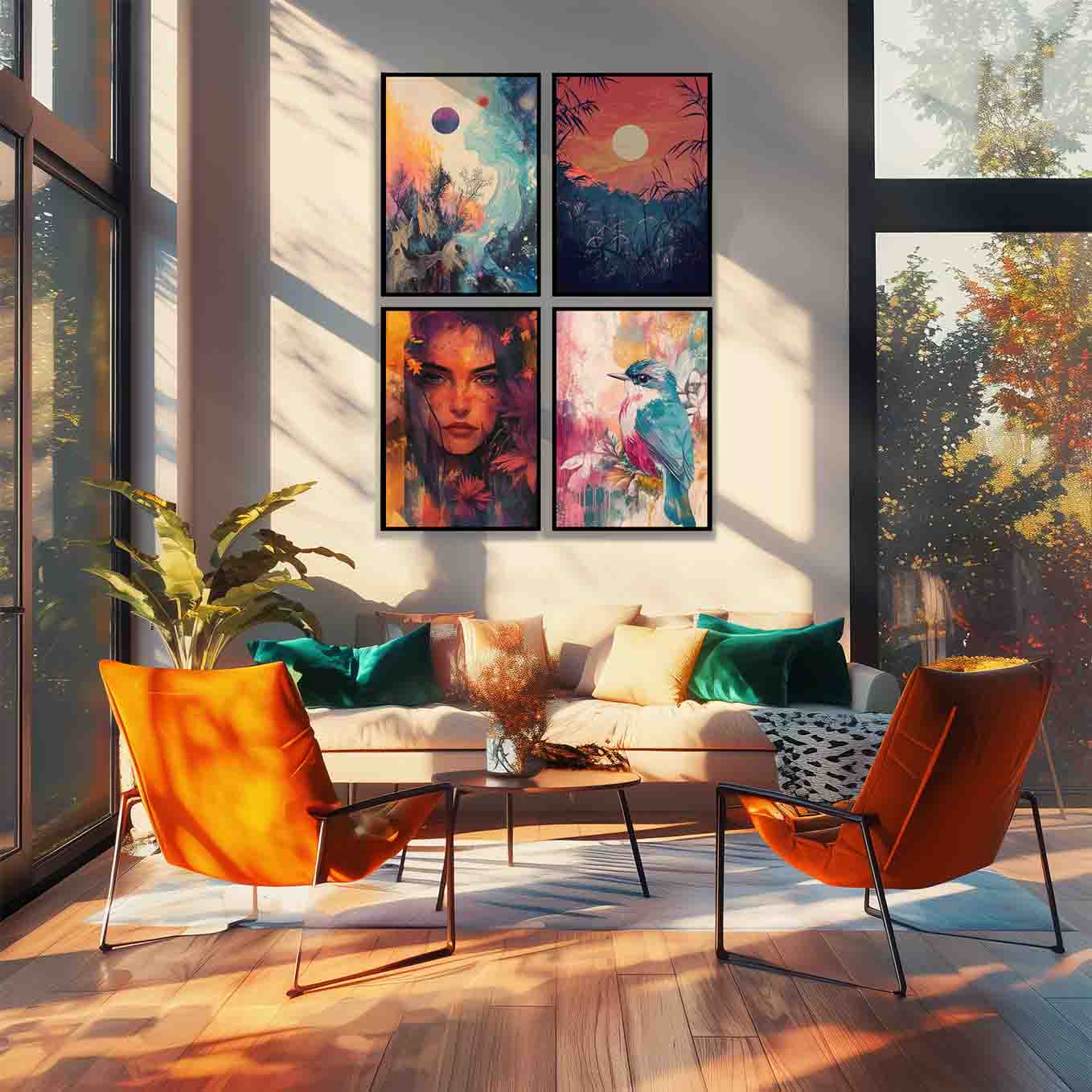 Modern Framed Set of 4 - Portrait Cosmic Fusion wall art (12x18 inches, black frame, Plexi-glass) - Ready to hang Home Decor for Living Room, Bedroom or Office