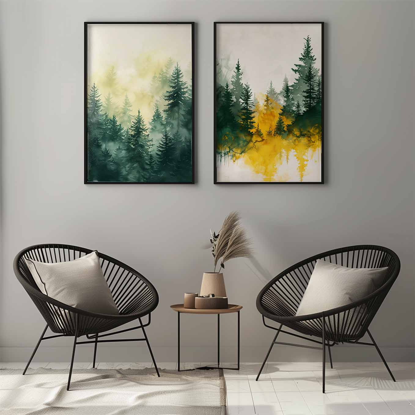 Misty Forest Watercolor Wall Art - Set of 2 Framed Prints | Tranquil Green & Golden Pine Trees | Nature-Inspired Home & Office Decor