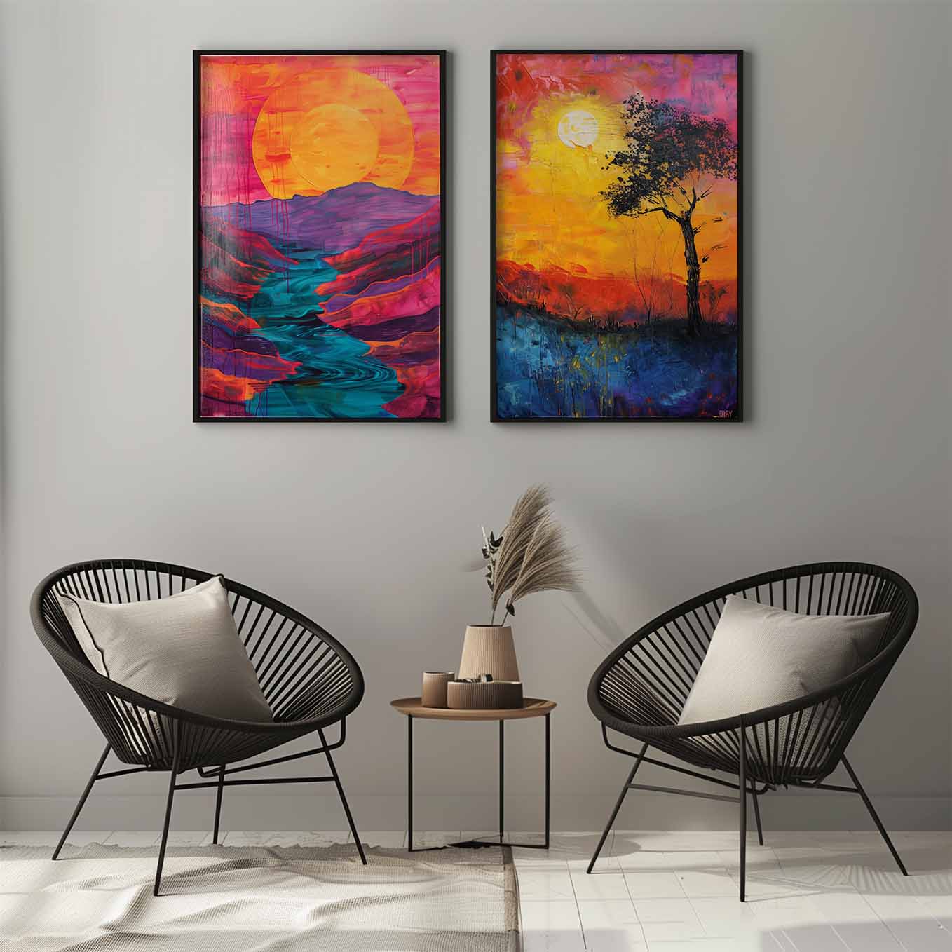 Sunset Bliss Abstract Landscape Prints - Set of 2 Framed Art | Bold & Colorful Nature-Inspired Decor