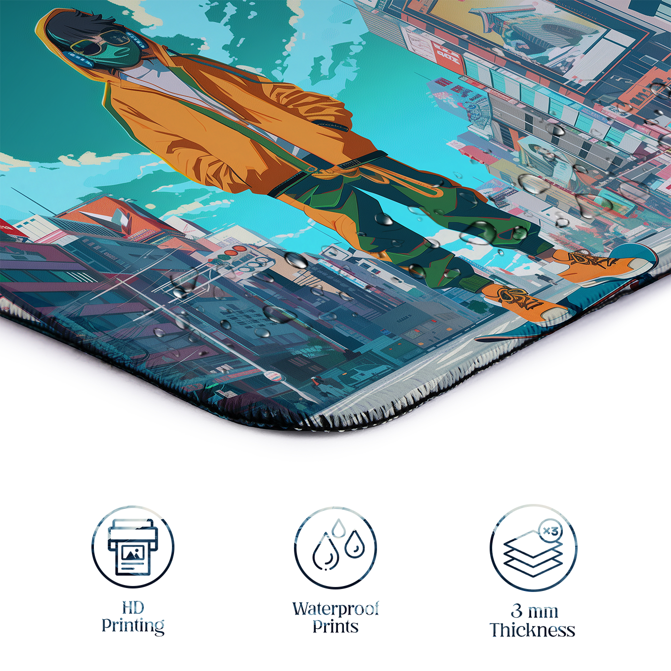 Street Style Skateboard and Girl – Set of 2 Stitched Anime Theme Gaming Mouse Pads with Anti-Slip Rubber Base and Waterproof Surface