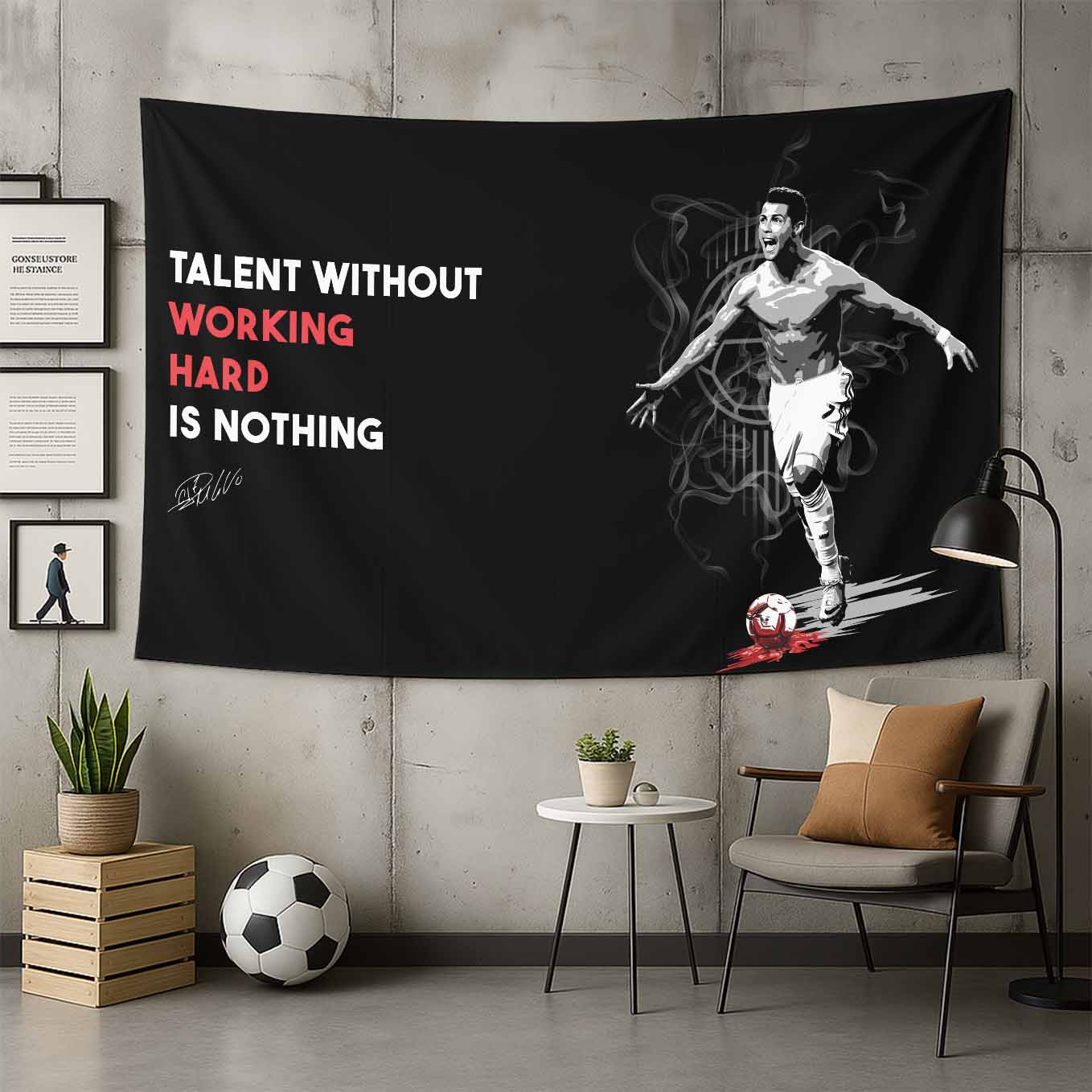 Motivational Cristiano Ronaldo CR7 Soccer Tapestry - 73x43 Inches Inspirational Wall Hanging, Premium Polyester Fabric, Vivid Print, Machine Washable, Durable and Lightweight for Gym, Office, or Home Décor