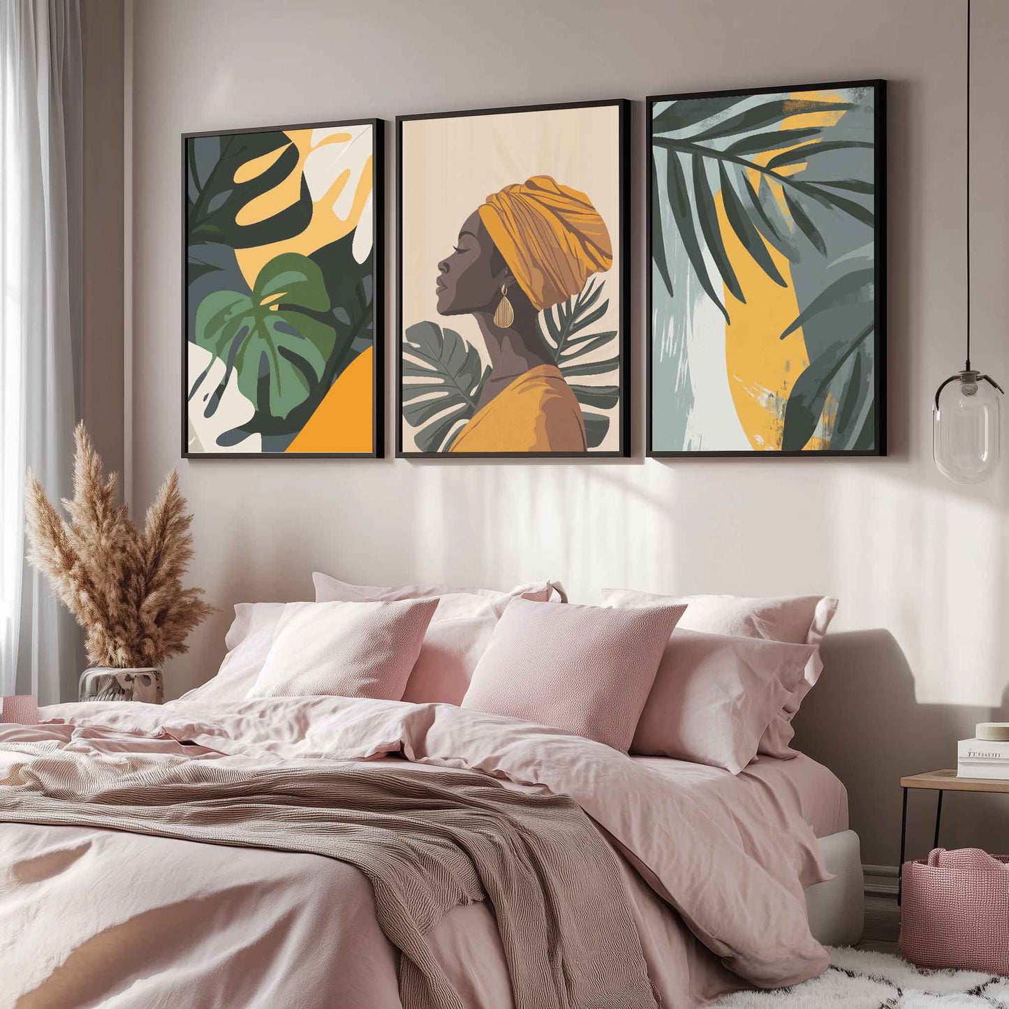 Golden Tropical Goddess Wall Art - Set of 3 Framed Prints | Elegant Afrocentric Woman & Botanical Leaves Illustration for Home Decor