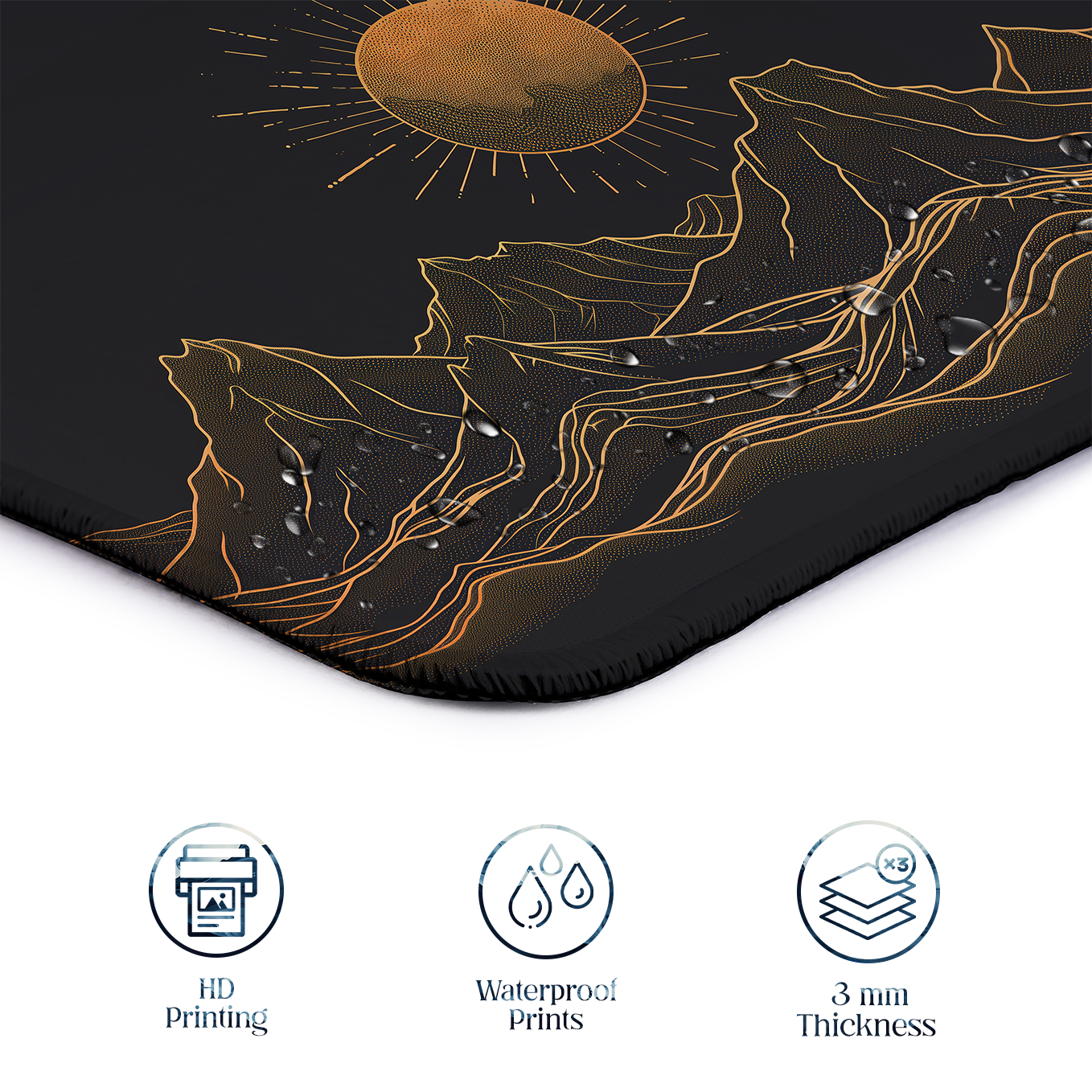 Golden Forest and Mountains Line Art – Set of 2 Stitched Gaming Mouse Pads with Anti-Slip Rubber Base and Waterproof Surface