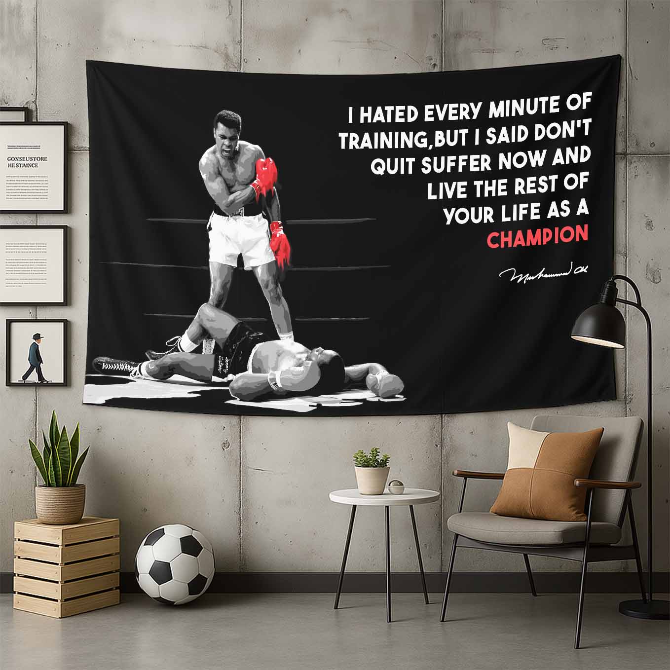 Muhammad Ali Motivational Tapestry - 73x43 Inches Inspirational Wall Hanging, Premium Polyester Fabric, Vivid Print, Machine Washable, Durable and Lightweight for Gym, Office, or Home Décor