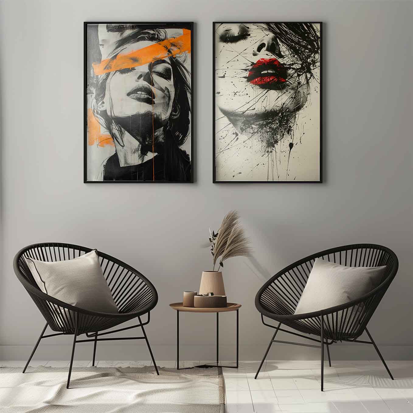 Edgy Portrait Expressionist Art - Set of 2 Black & White Prints | Bold Abstract Faces with Modern Brushstrokes