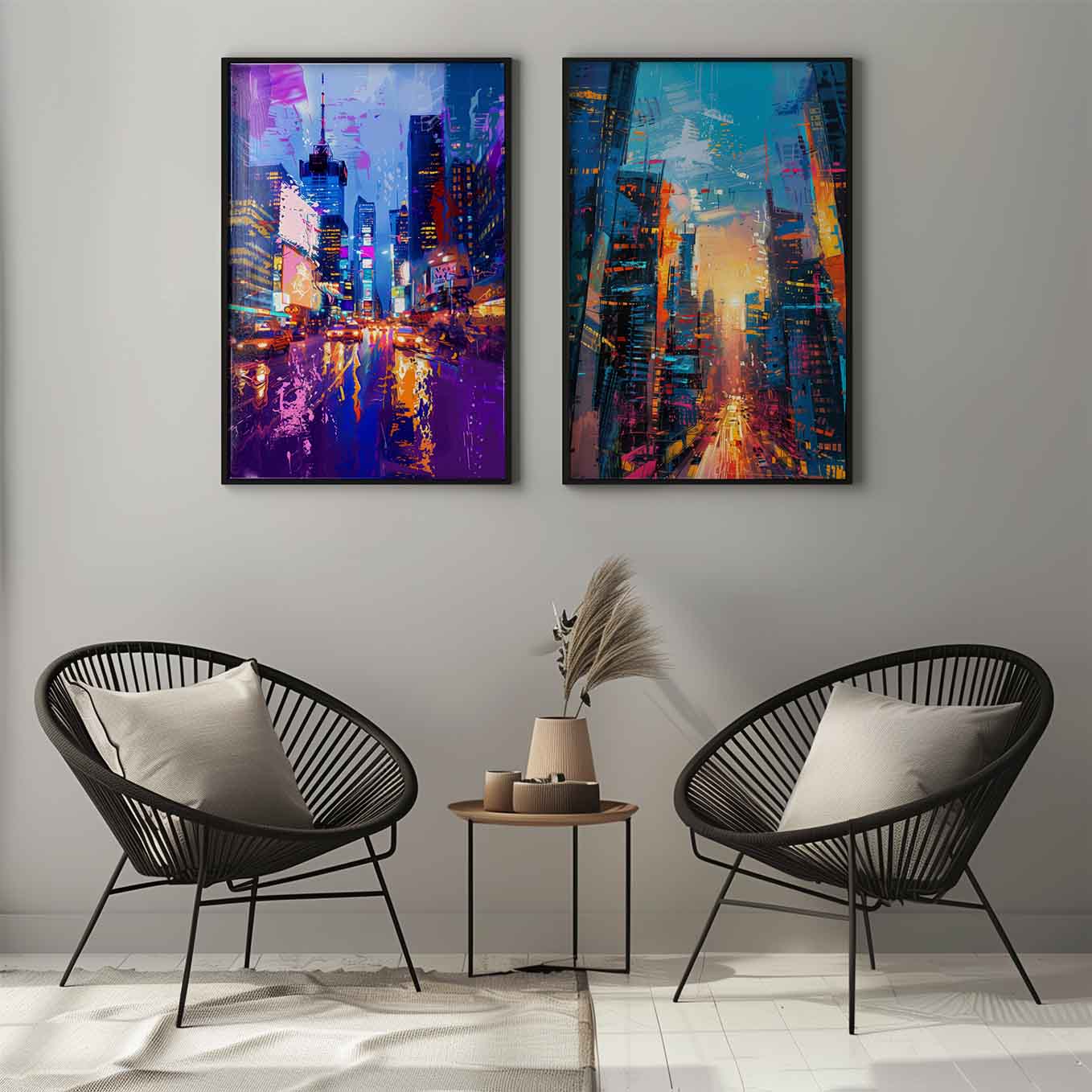 Vibrant City Lights Wall Art - Set of 2 Urban Skyline Prints | Abstract Neon Nightlife Street Decor
