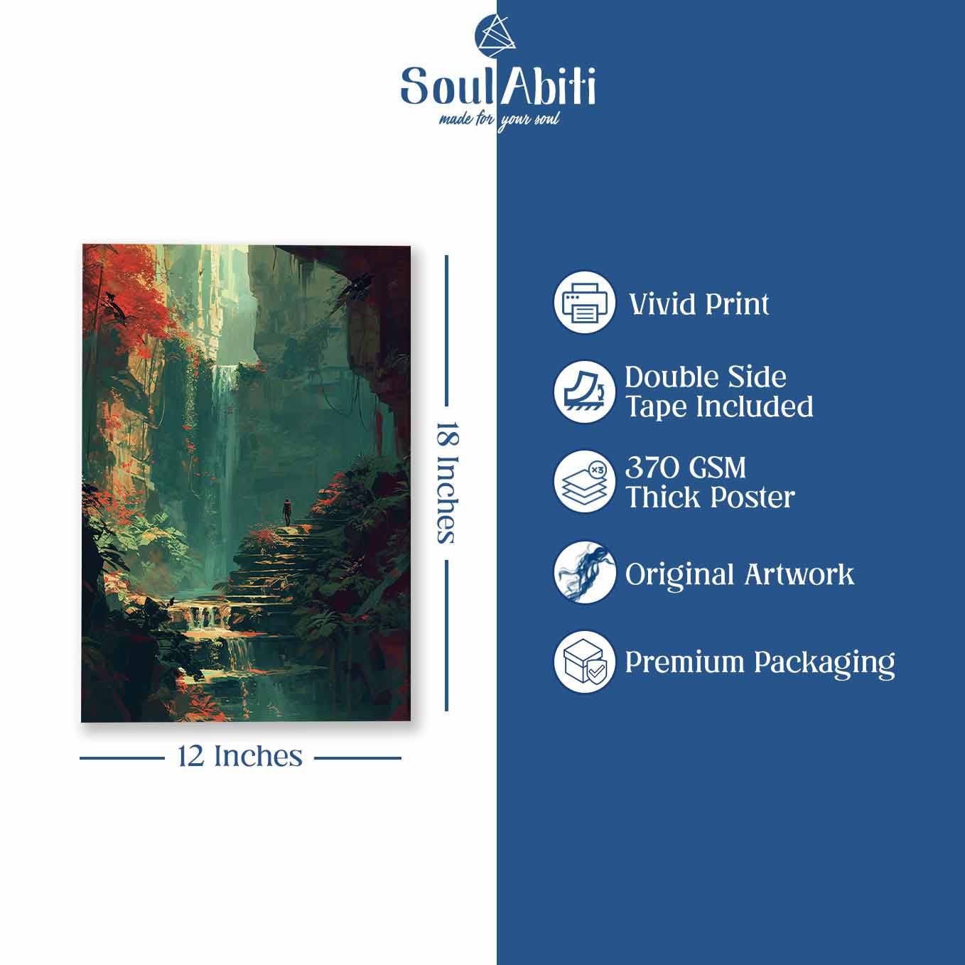 Mysterious Jungle Waterfall Poster -Nature Art 370 GSM with Double Side Tape Ready to Stick Wall Decor