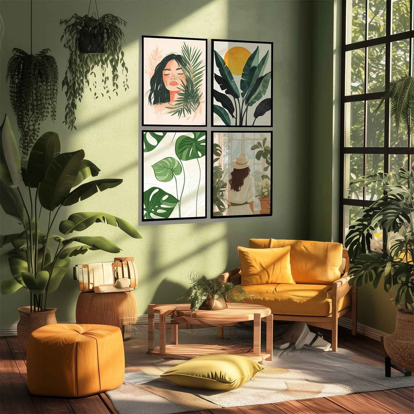 Modern Framed Set of 4 - Portrait Tropical Boho wall art (12x18 inches, black frame, Plexi-glass) - Ready to hang Home Decor for Living Room, Bedroom or Office