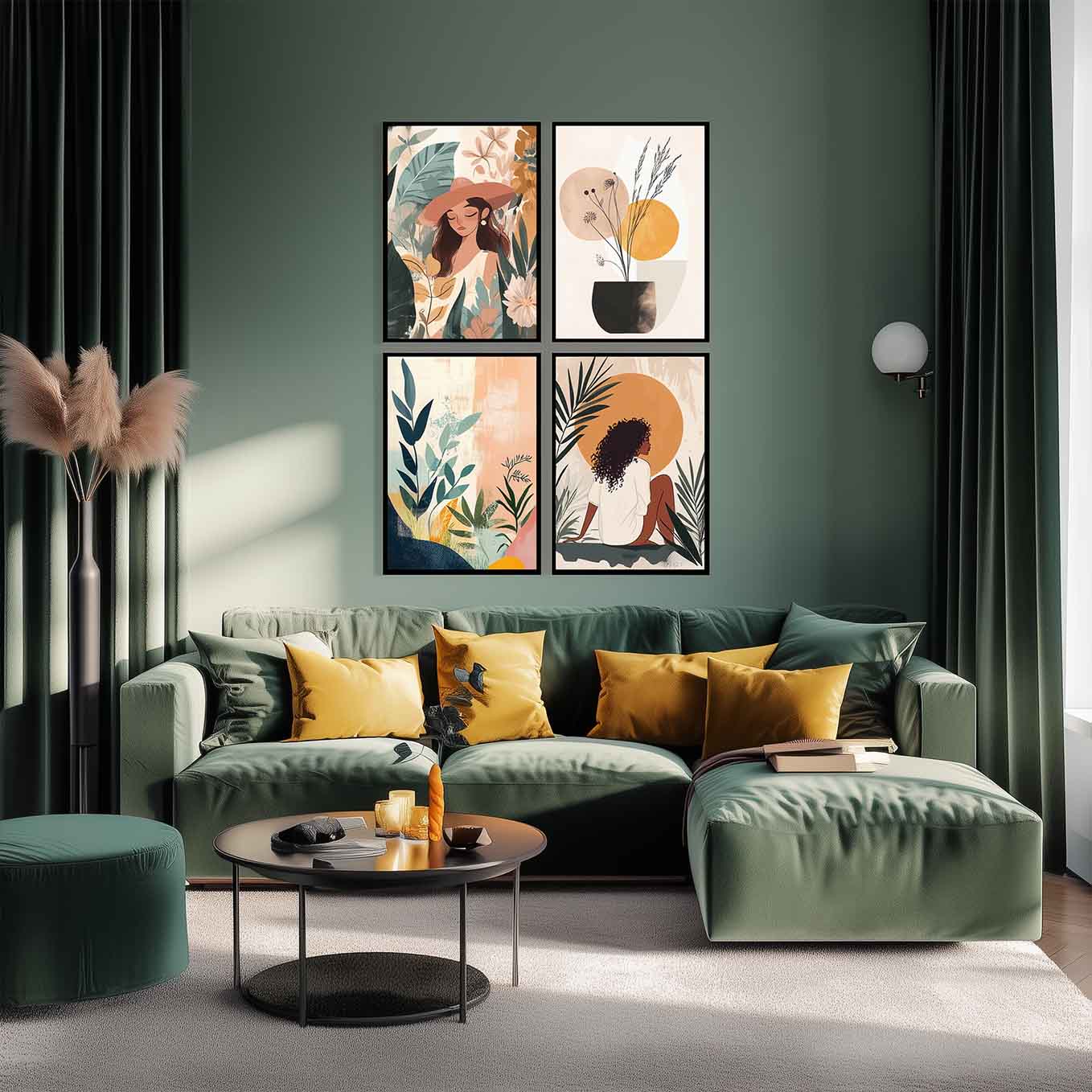 Modern Framed Set of 4 - Portrait Bohemian wall art (12x18 inches, black frame, Plexi-glass) - Ready to hang Home Decor for Living Room, Bedroom or Office