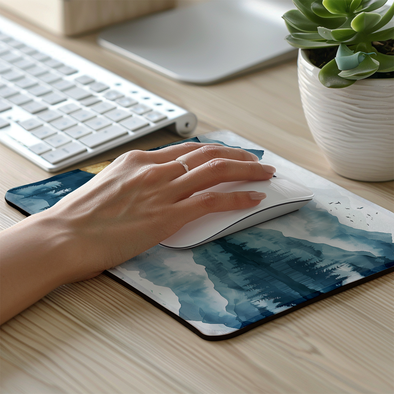 Mystic Mountain Watercolor Art – Set of 2 Stitched Gaming Mouse Pads with Anti-Slip Rubber Base and Waterproof Surface