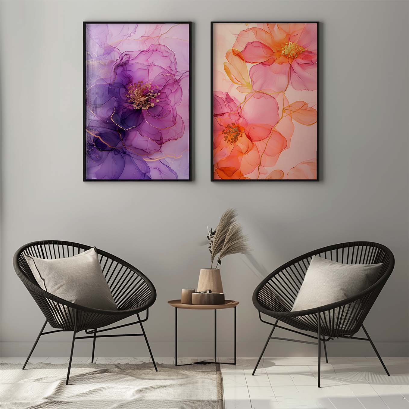 Elegant Floral Ink Art Prints - Set of 2 Framed Wall Decor | Purple & Pink Watercolor Blossoms | Contemporary Aesthetic