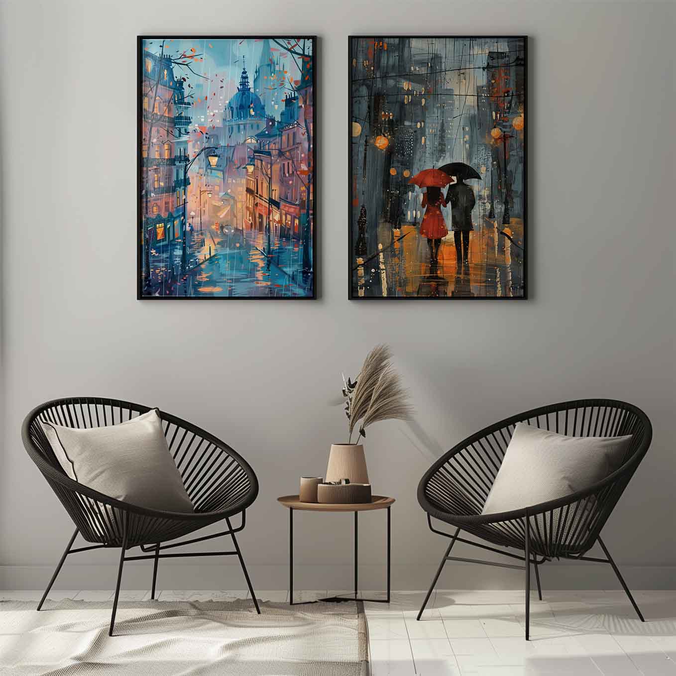 Romantic Rainy Street Art - Set of 2 Framed Cityscape Prints | Couple Under Umbrella & Paris Street Scene