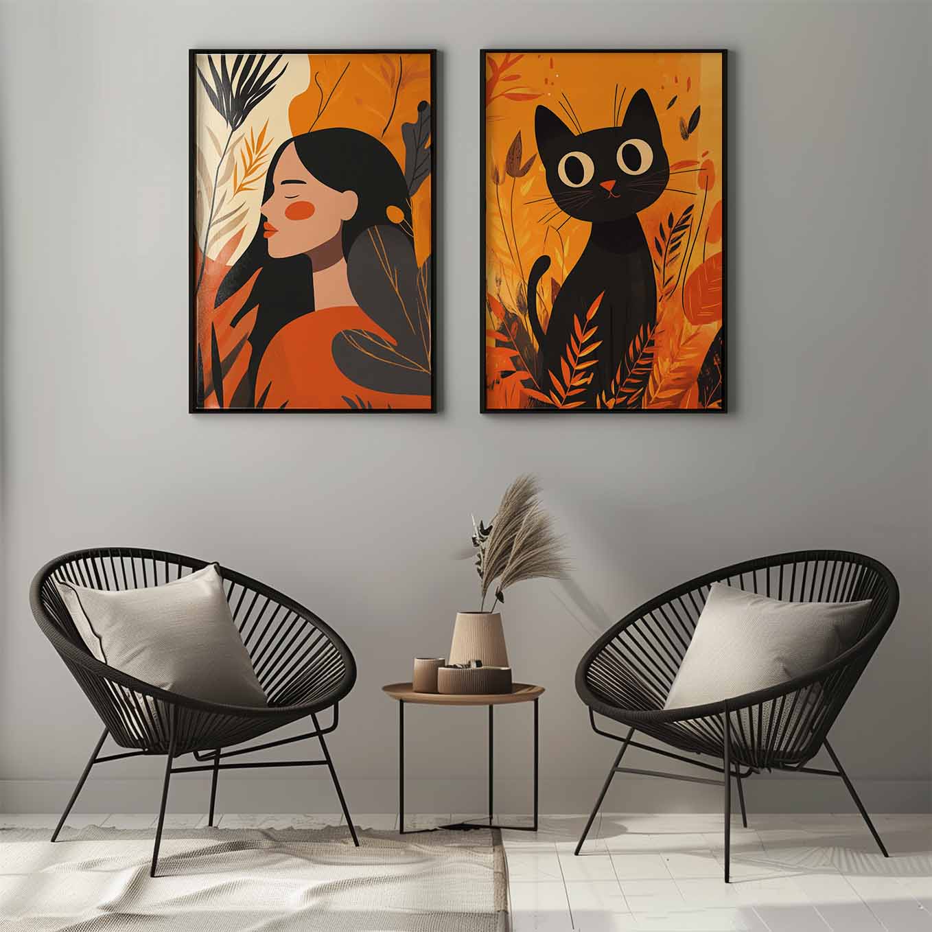 Autumn Whimsy Illustration - Woman & Black Cat Art Prints | Cozy Fall Decor for Living Room, Bedroom & Office