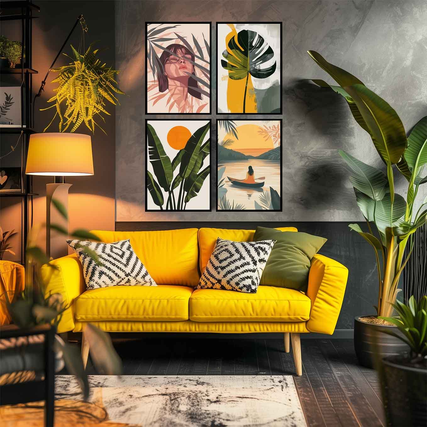 Modern Framed Set of 4 - Portrait Bohemian wall art (12x18 inches, black frame, Plexi-glass) - Ready to hang Home Decor for Living Room, Bedroom or Office