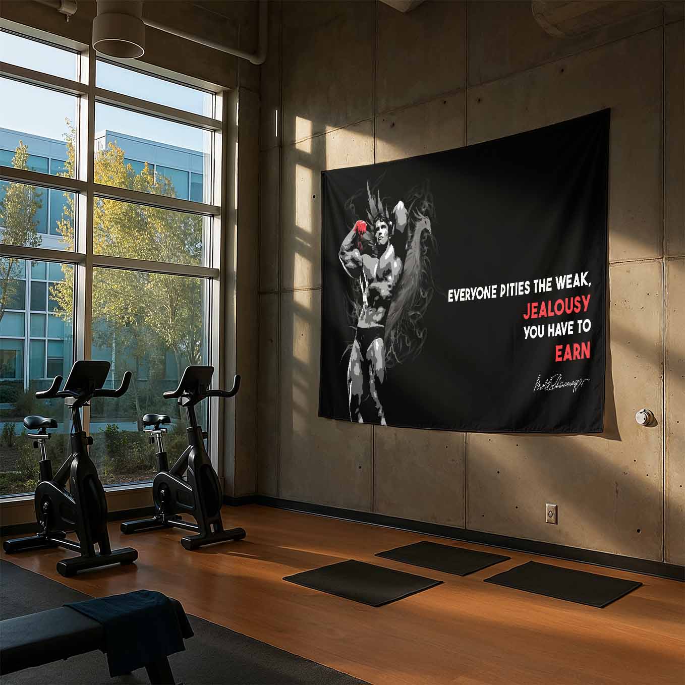 Motivational Tapestry Wall Hanging Arnold Schwarzenegger Jealousy you have to earn Inspirational Quote - Gym, Office, Dorm, Bedroom Decor, 73x43 Inches, Premium Polyester Fabric