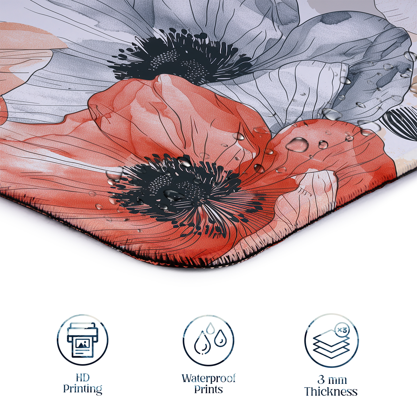 Red and Violet Poppy Flowers – Set of 2 Stitched Gaming Mouse Pads with Anti-Slip Rubber Base and Waterproof Surface