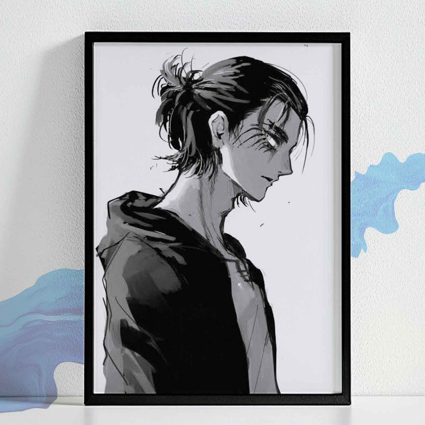 Attack on Titan Eren Yeager Poster art framed (13x19-Inch, Plexi-Glass, Textured Frame)