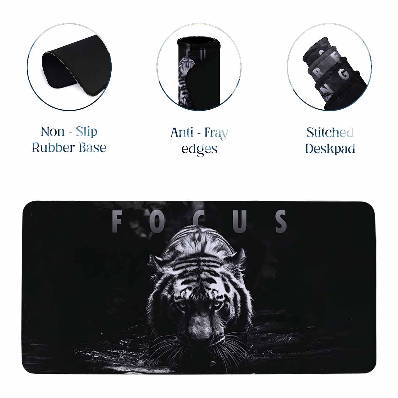 Focus Motivational Tiger Deskpad 23x11 Inches – Bold Black Animal Art for Office and Gaming Setup
