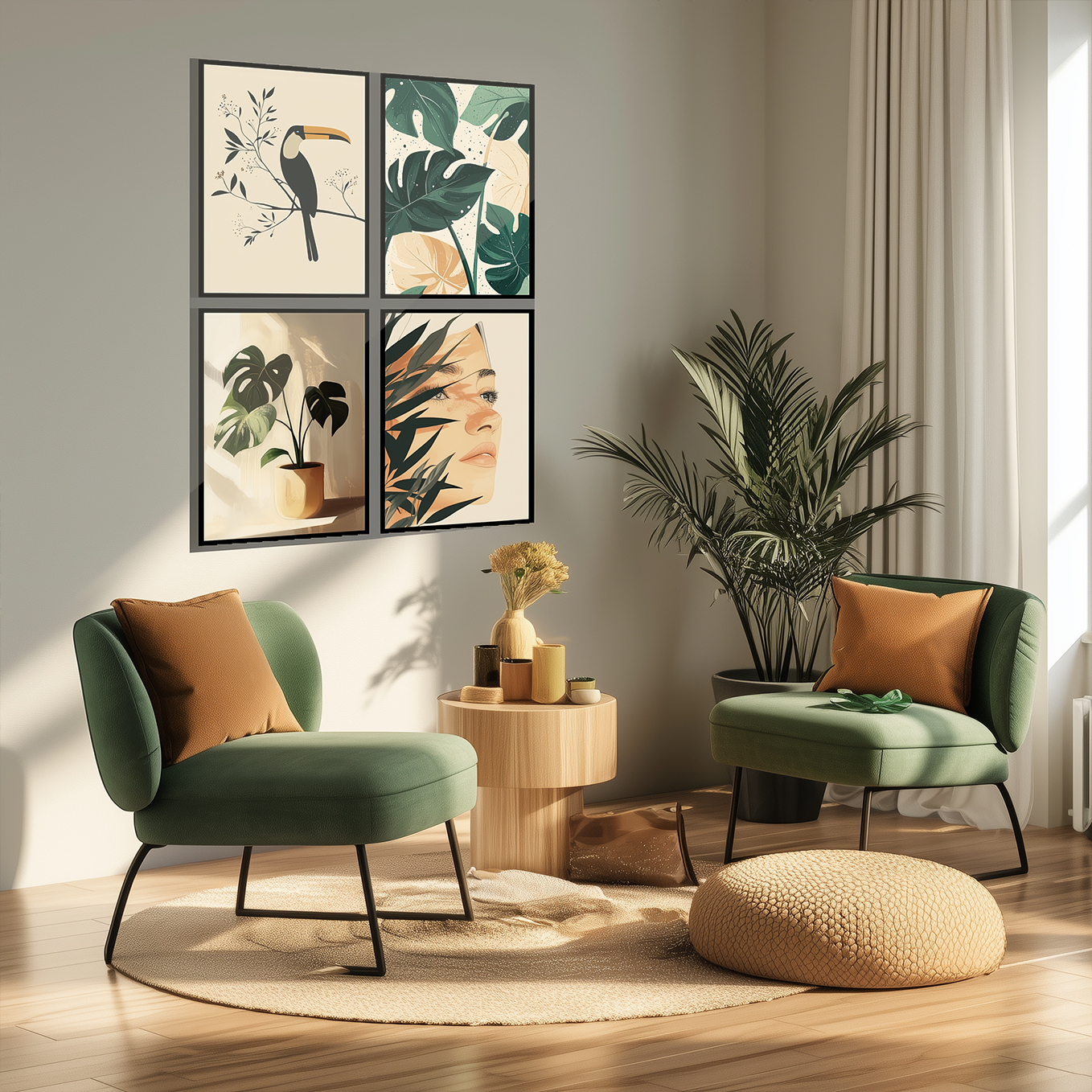 Modern Framed Set of 4 - Portrait Botanical wall art (12x18 inches, black frame, Plexi-glass) - Ready to hang Home Decor for Living Room, Bedroom or Office