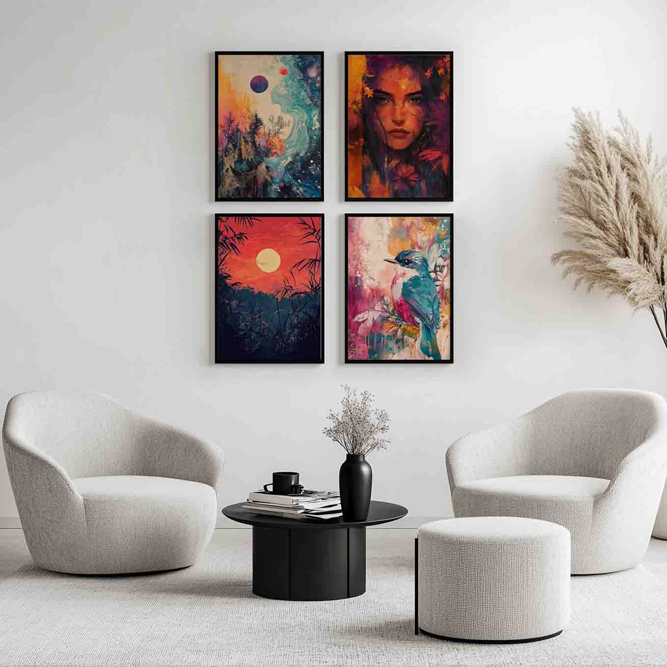Modern Framed Set of 4 - Portrait Cosmic Fusion wall art (12x18 inches, black frame, Plexi-glass) - Ready to hang Home Decor for Living Room, Bedroom or Office