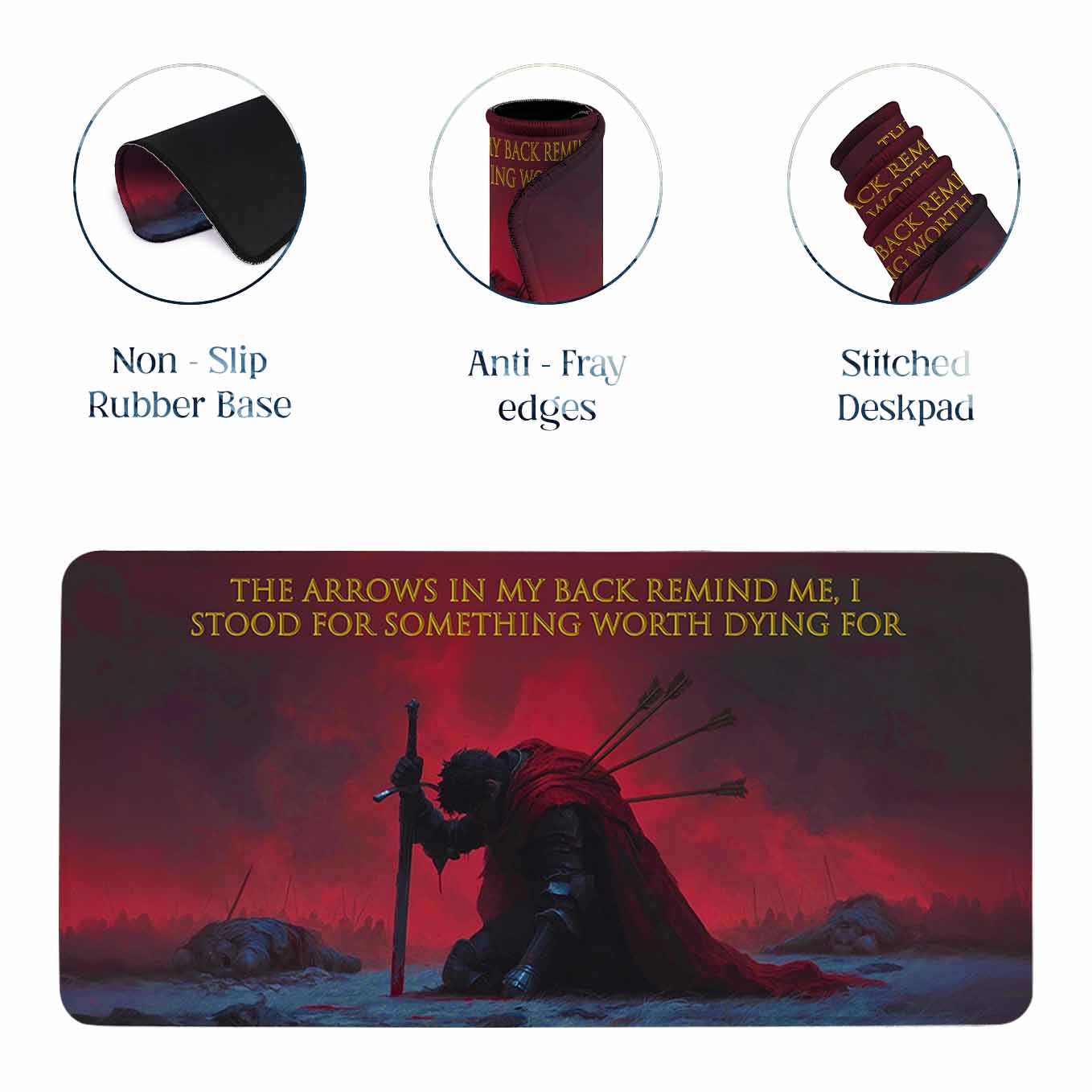 Arrows in My Back Deskpad 23x11 Inches – Red Warrior Kneel Quote for Sacrifice & Grit Office and Gaming Setup