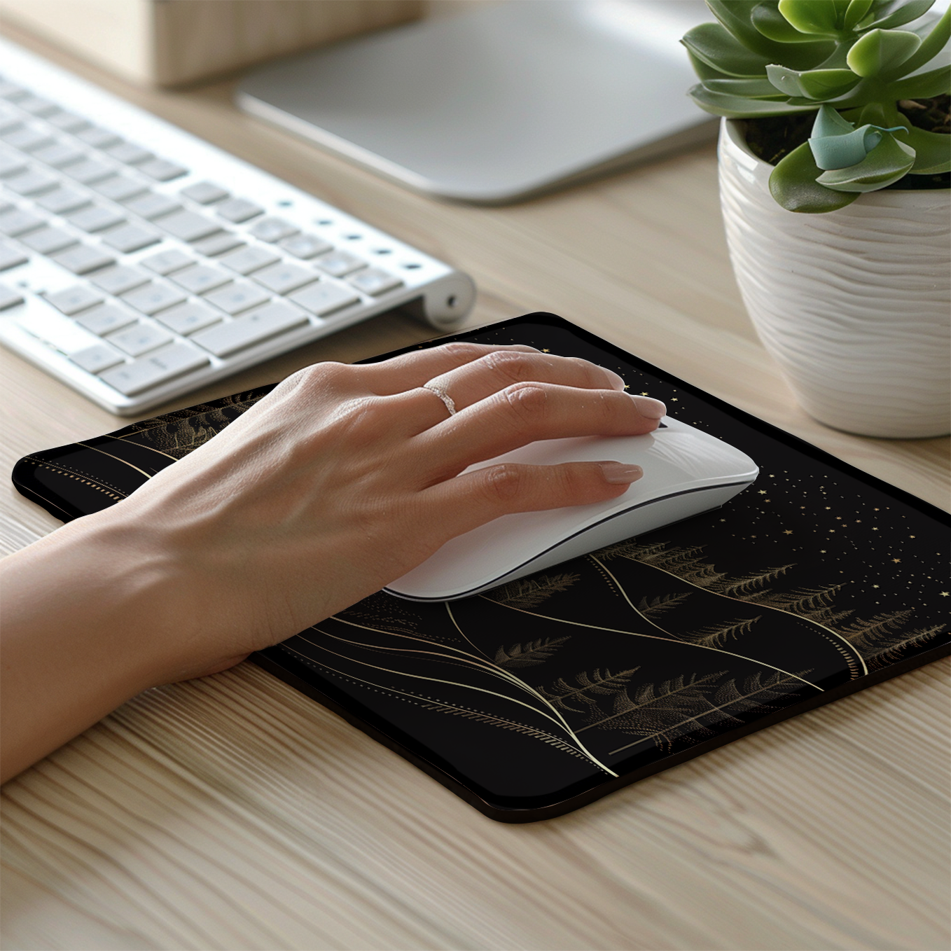 Night Sky and Mountain Line Art – Set of 2 Stitched Gaming Mouse Pads with Anti-Slip Rubber Base and Waterproof Surface