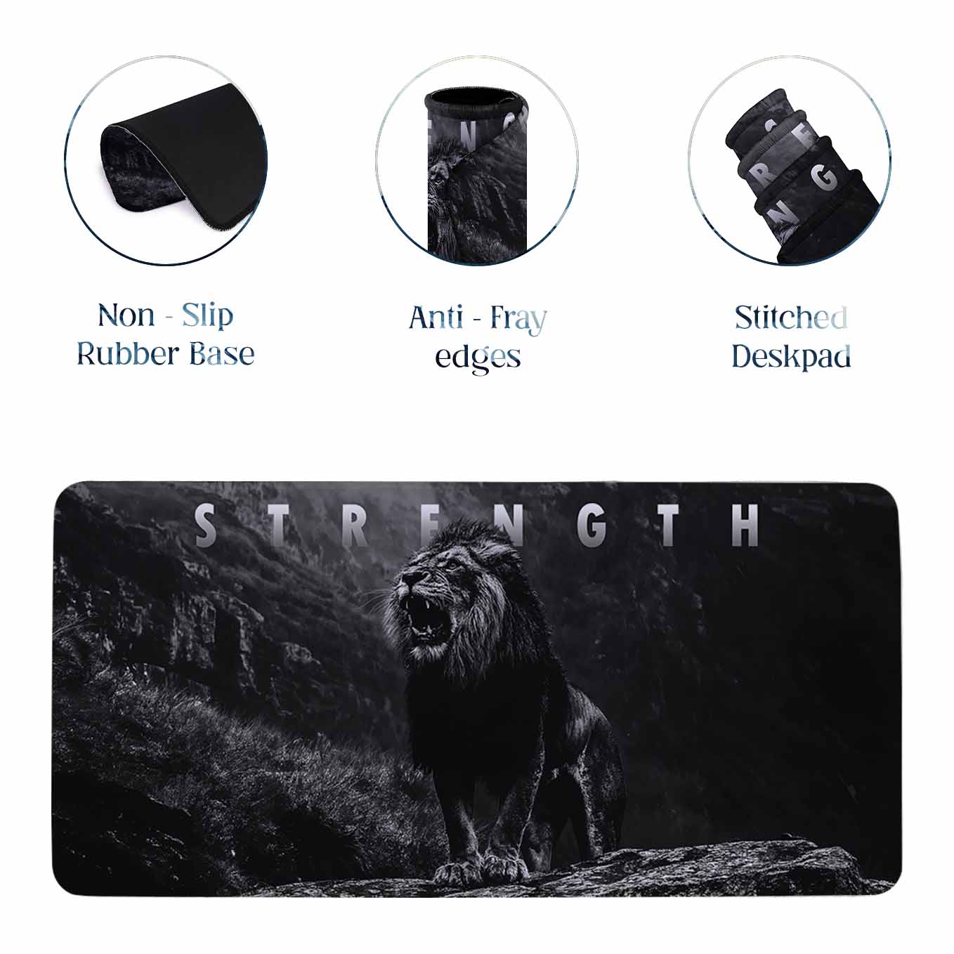 Strength Motivational Lion Deskpad 23x11 Inches – Bold Black Animal Art for Office and Gaming Setup