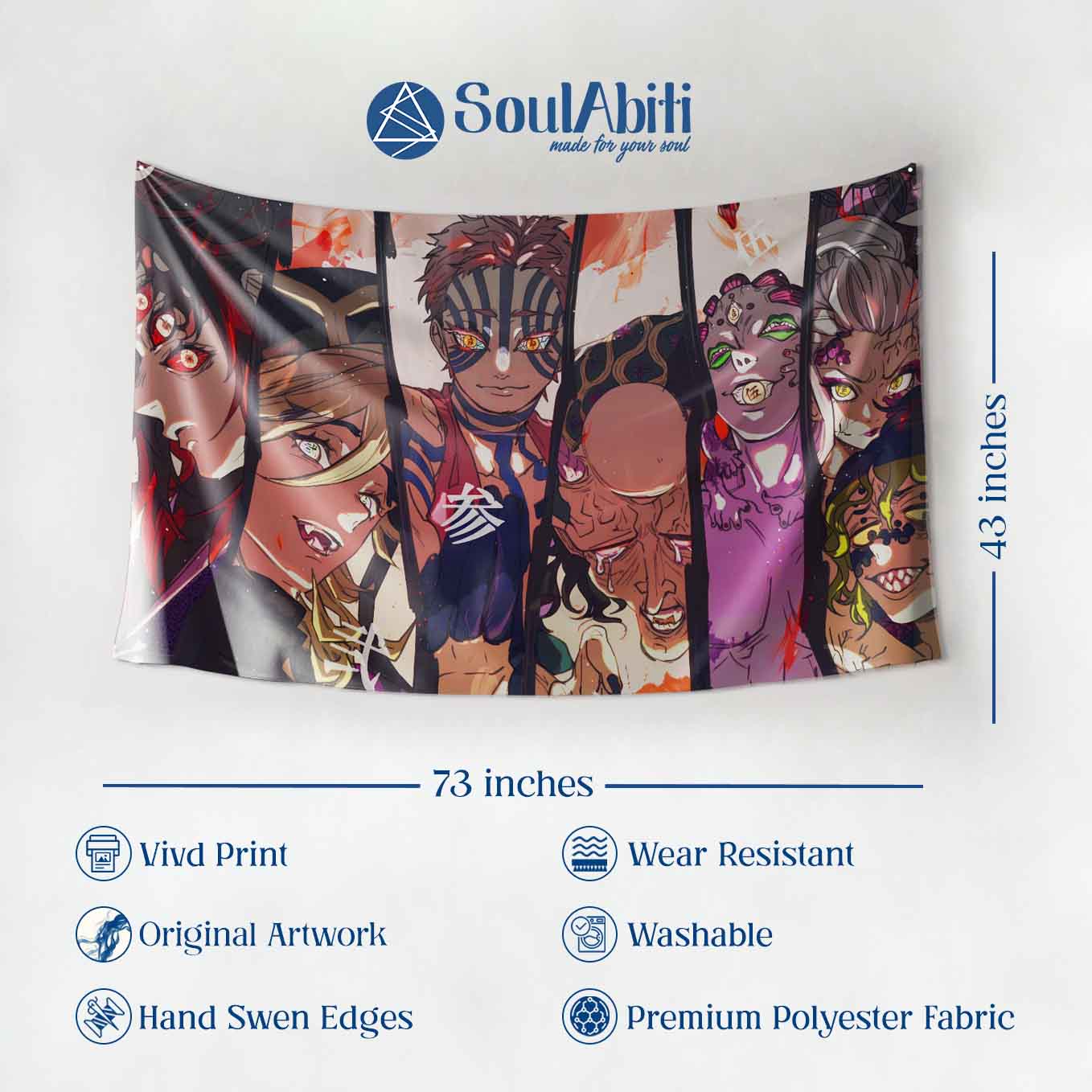 Demon Slayer Kizuki upper moon Tapestry Wall Hanging – Vivid Straw hat pirates Tapestries for Bedroom Living Room (69x39 inch) Premium Polyester Fabric