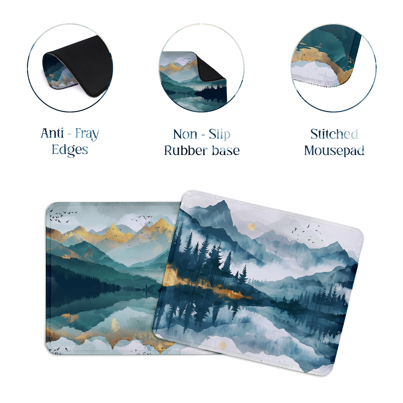 Mystic Mountain Watercolor Art – Set of 2 Stitched Gaming Mouse Pads with Anti-Slip Rubber Base and Waterproof Surface