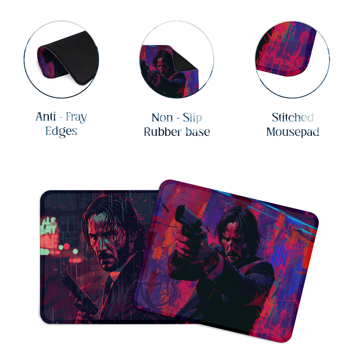 John Wick Set of 2 Stitched Gaming Mouse Pads with Anti-Slip Rubber Base and Waterproof Surface
