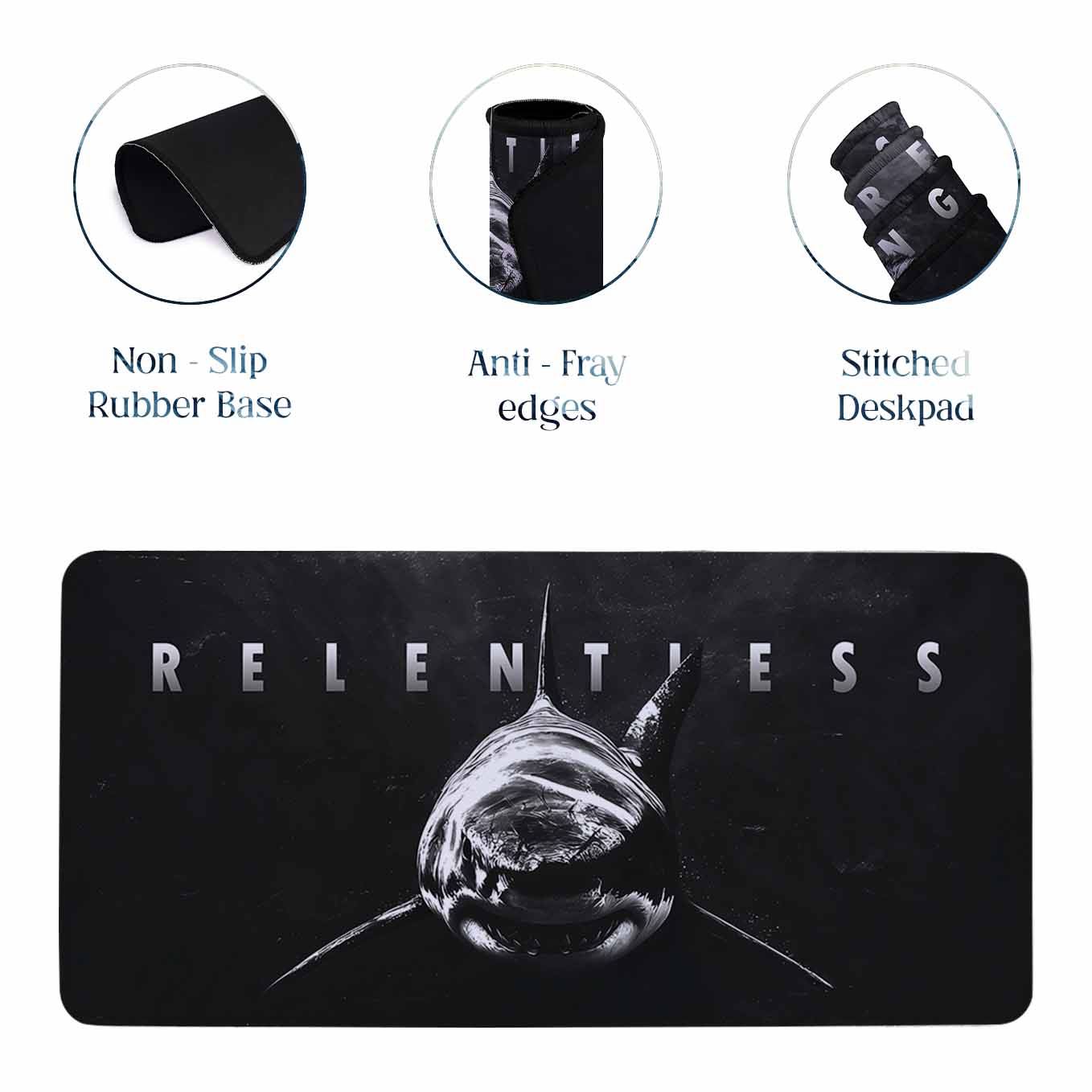 Shark Motivational Relentless Deskpad 23x11 Inches – Bold Black Animal Art for Office and Gaming Setup