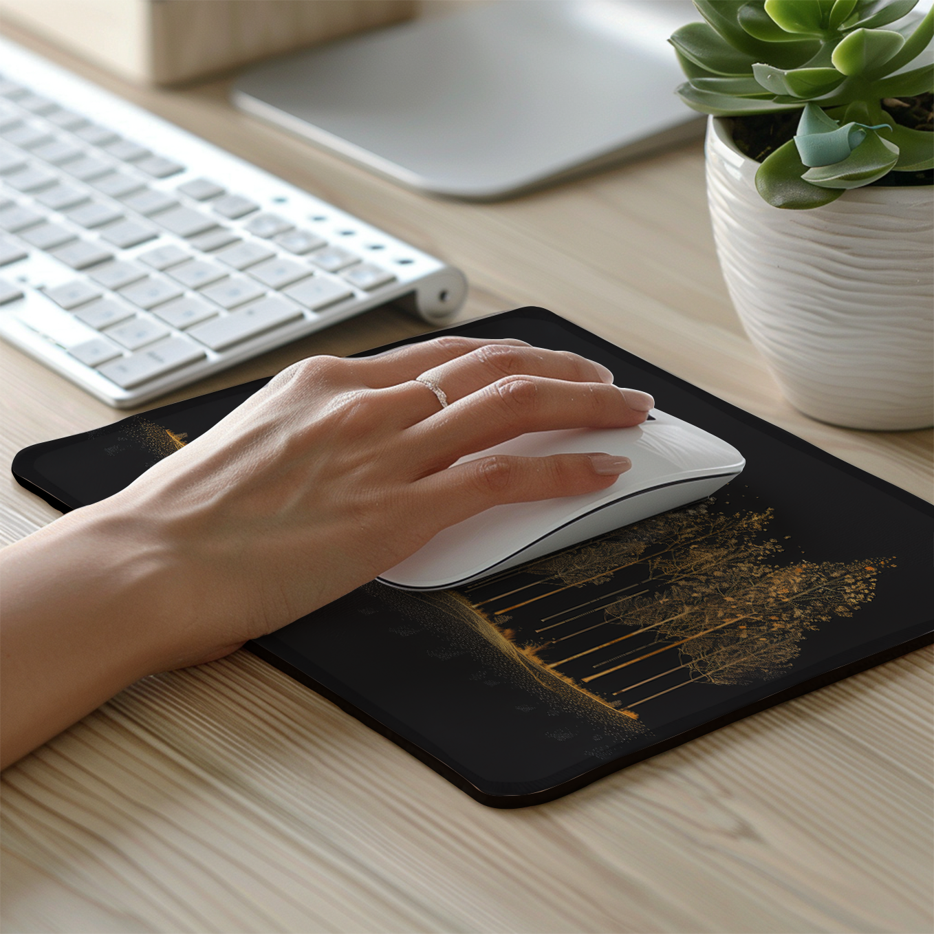 Golden Forest and Mountains Line Art – Set of 2 Stitched Gaming Mouse Pads with Anti-Slip Rubber Base and Waterproof Surface