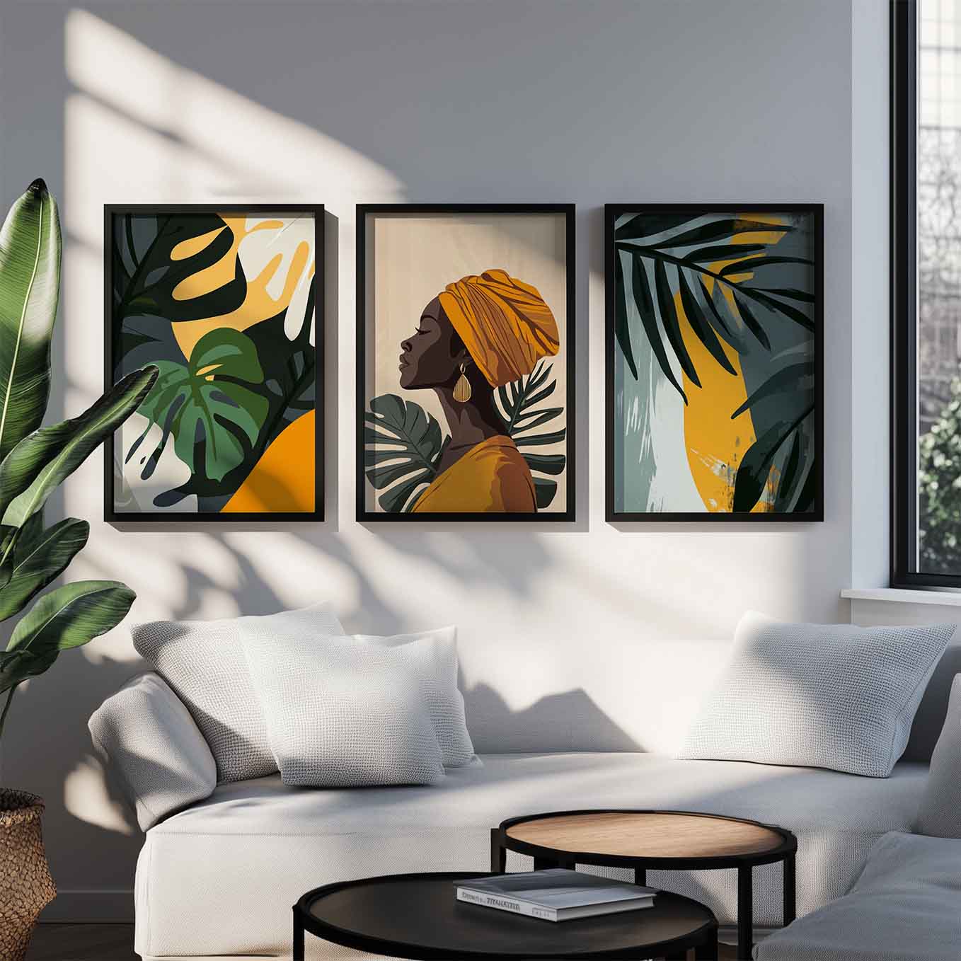 Golden Tropical Goddess Wall Art - Set of 3 Framed Prints | Elegant Afrocentric Woman & Botanical Leaves Illustration for Home Decor