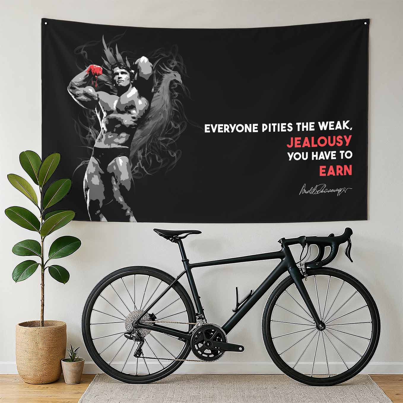 Motivational Tapestry Wall Hanging Arnold Schwarzenegger Jealousy you have to earn Inspirational Quote - Gym, Office, Dorm, Bedroom Decor, 73x43 Inches, Premium Polyester Fabric