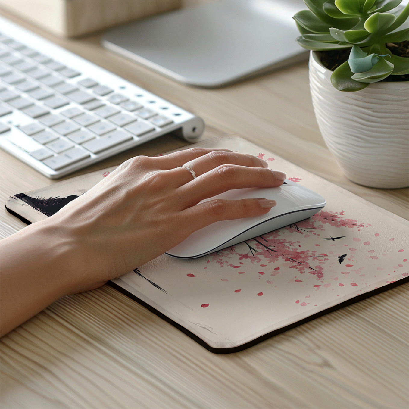 Zen Sakura Cherry Blossom Art – Set of 2 Stitched Gaming Mouse Pads with Anti-Slip Rubber Base and Waterproof Surface