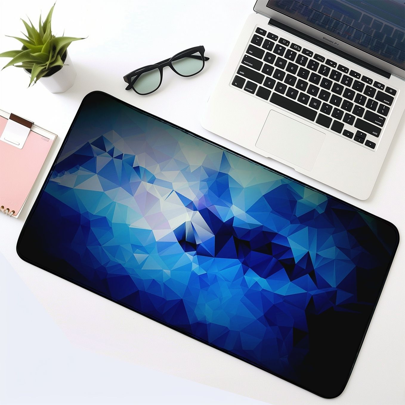 Blue Textured Polygon Mouse Pad - 23.6 x 11 Inches Desk Pad - Gaming and Workstation Mat for Art Fans - Non-Slip Rubber Base - Smooth Surface for Precise Control