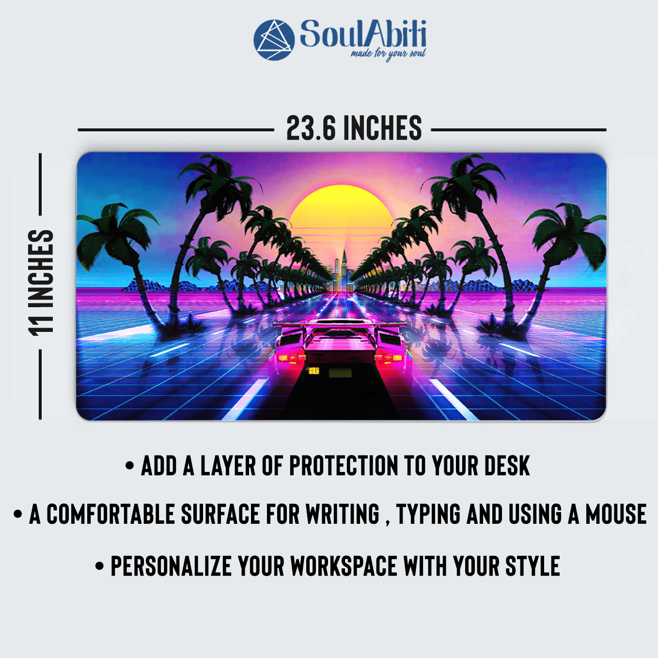 Retro City Synth-Wave Supercar Art Mouse Pad - 23.6 x 11 Inches Desk Pad - Gaming and Workstation Mat for Car Enthusiasts - Non-Slip Rubber Base - Smooth Surface for Precise Control