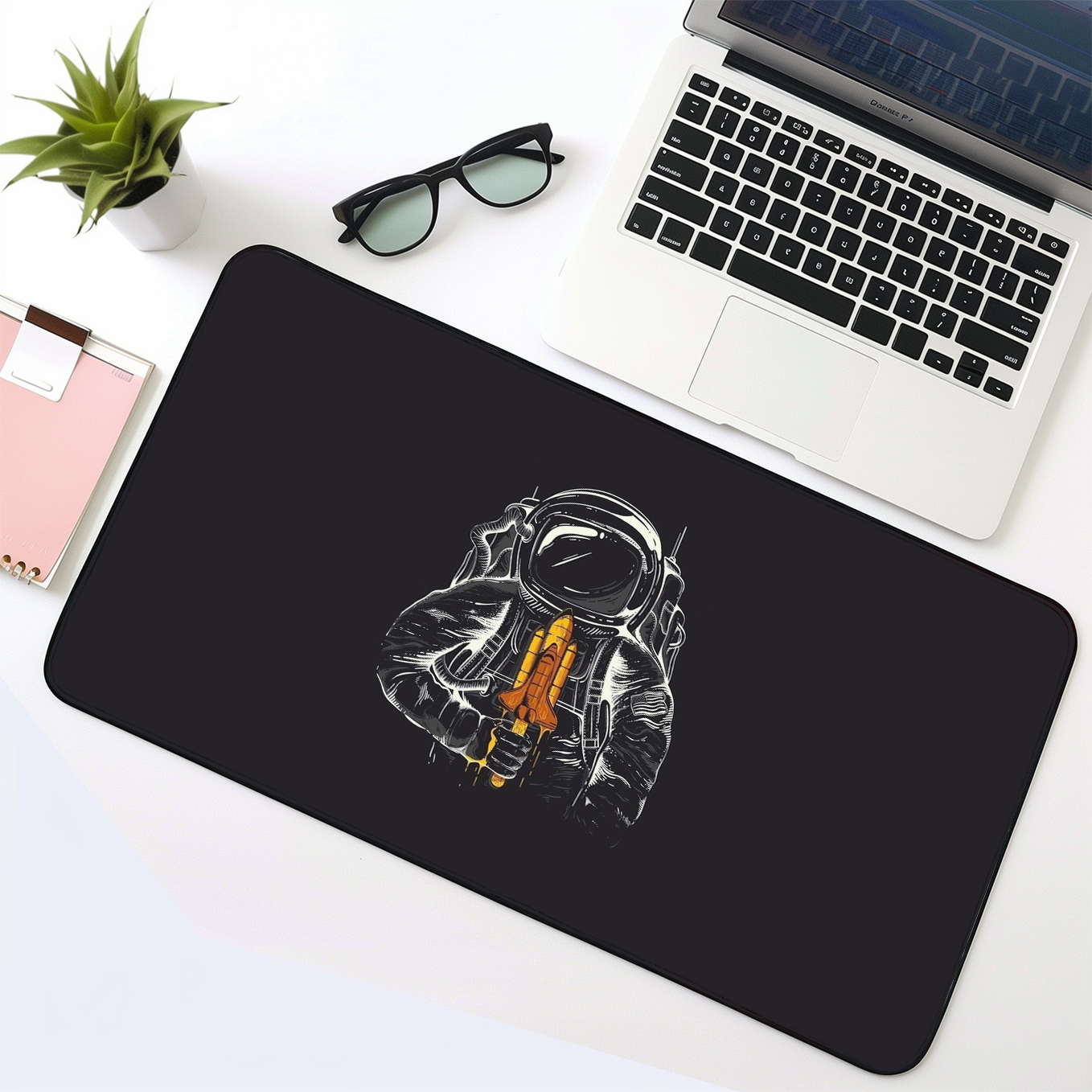 Minimal Astronaut Rocket Ship Art Mouse Pad - 23.6 x 11 Inch Desk Pad - Gaming and Workstation Mat for Illustration Artwork Fans - Non-Slip Rubber Base - Smooth Surface for Precise Control