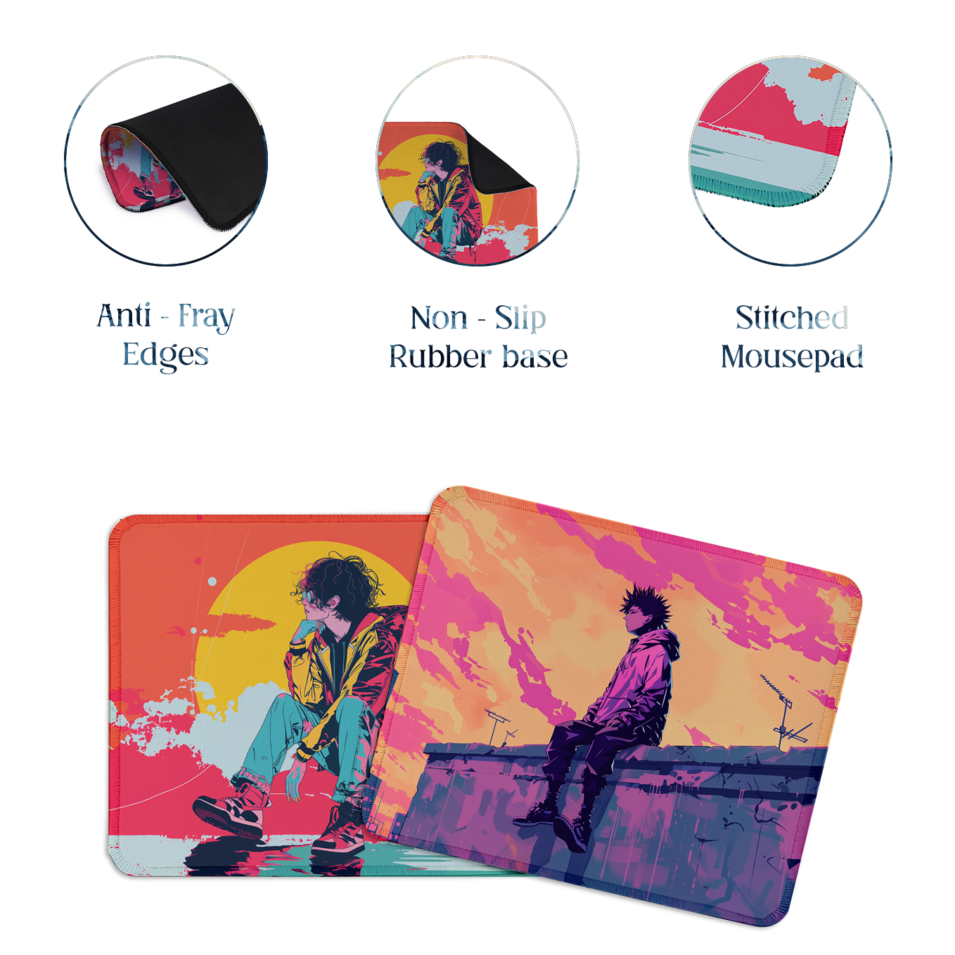 Skyline Dreams – Set of 2 Stitched Anime Theme Gaming Mouse Pads with Anti-Slip Rubber Base and Waterproof Surface