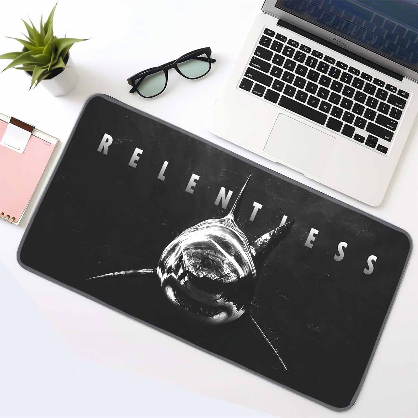 Shark Motivational Relentless Deskpad 23x11 Inches – Bold Black Animal Art for Office and Gaming Setup