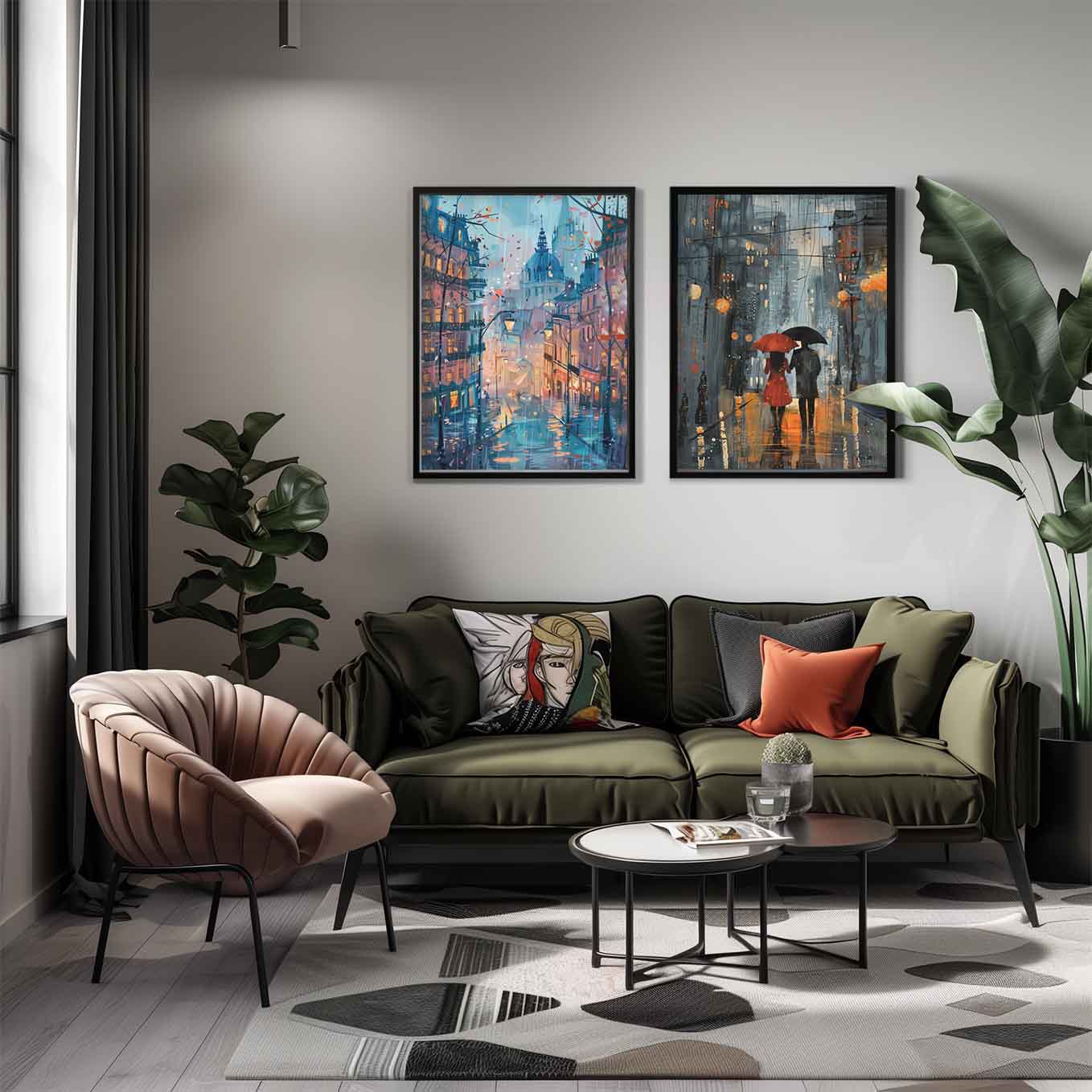 Romantic Rainy Street Art - Set of 2 Framed Cityscape Prints | Couple Under Umbrella & Paris Street Scene