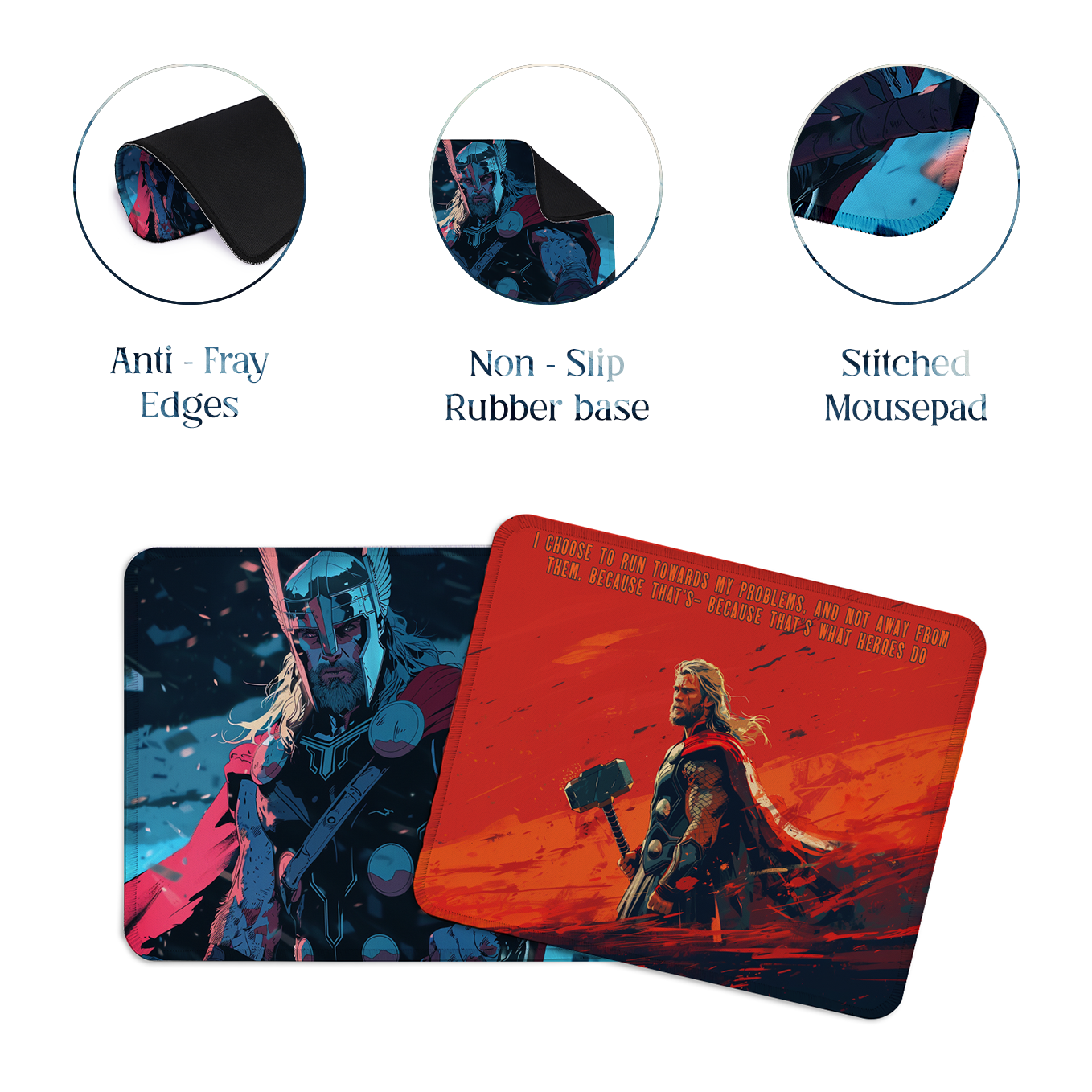 Thor Set of 2 Stitched Gaming Mouse Pads with Anti-Slip Rubber Base and Waterproof Surface